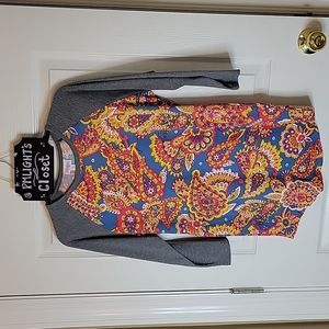 LuLaRoe Randy 3/4 Sleeve Tee Shirt Small Paisley Floral Gray Pink Blue Yellow
